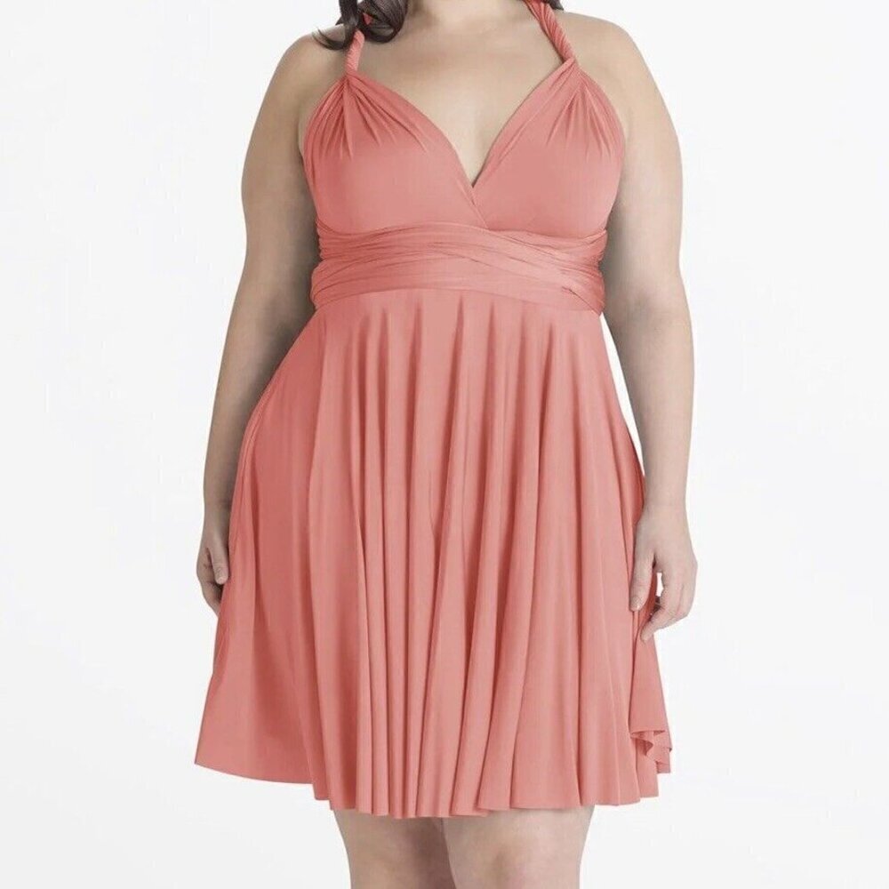 Henkaa Sakura Convertible Midi Dress One Size Peach Pink Coral Multi-way EUC - Picture 2 of 9